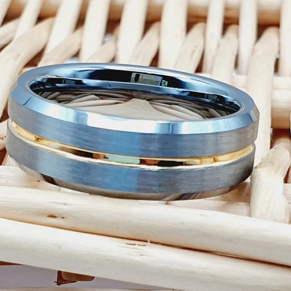 Two-Tone Tungsten Carbide Ring with Gold Groove Accent W131 - Picture 3 of 5